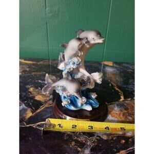 Vtg Dolphin Pod Figurine 3D Dolphins Wooden Stand Treasures of the Sea Nautical